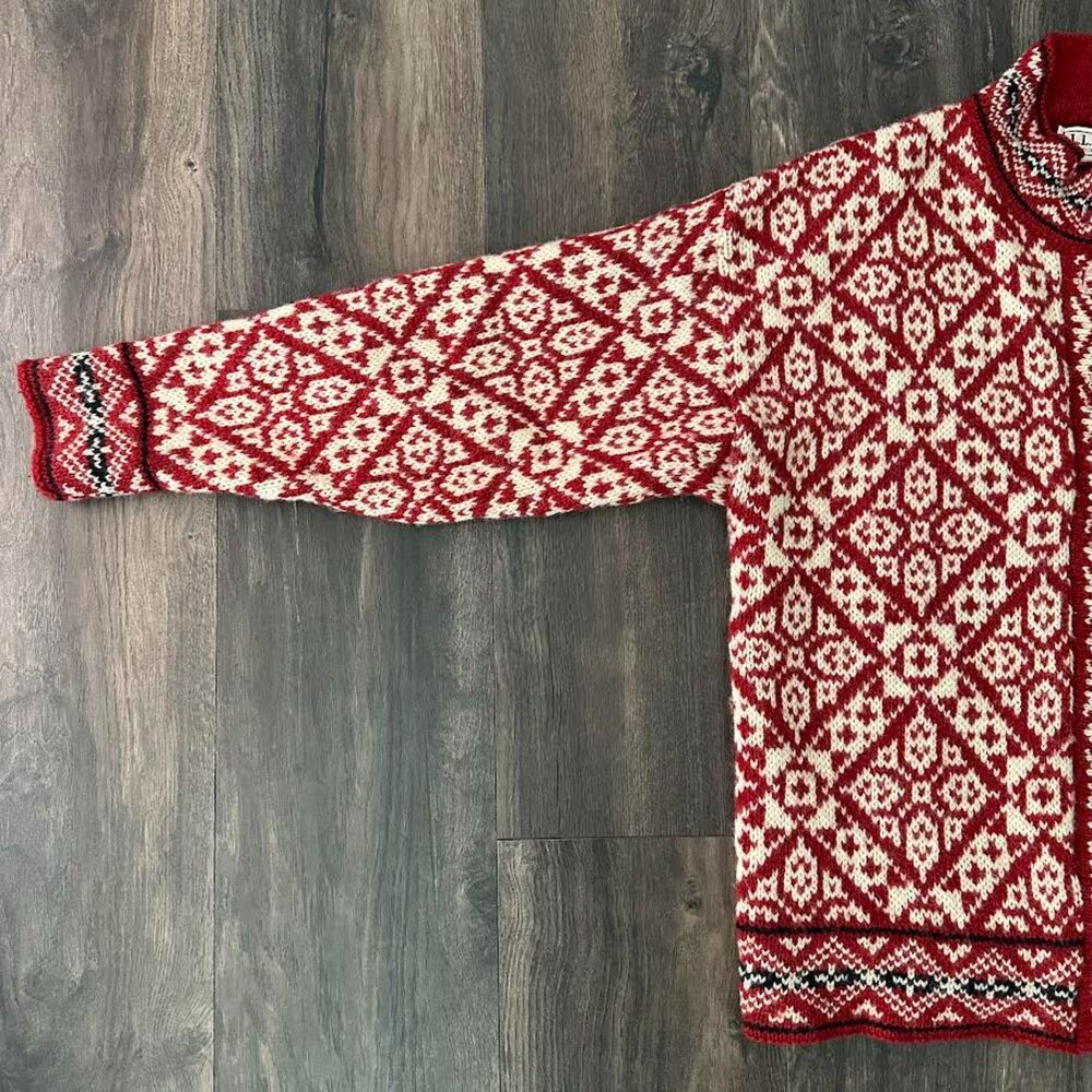 Vtg L.L. Bean Nordic Wool Blend Cardigan Button Up Red White Sweater Sz Medium - Picture 8 of 10